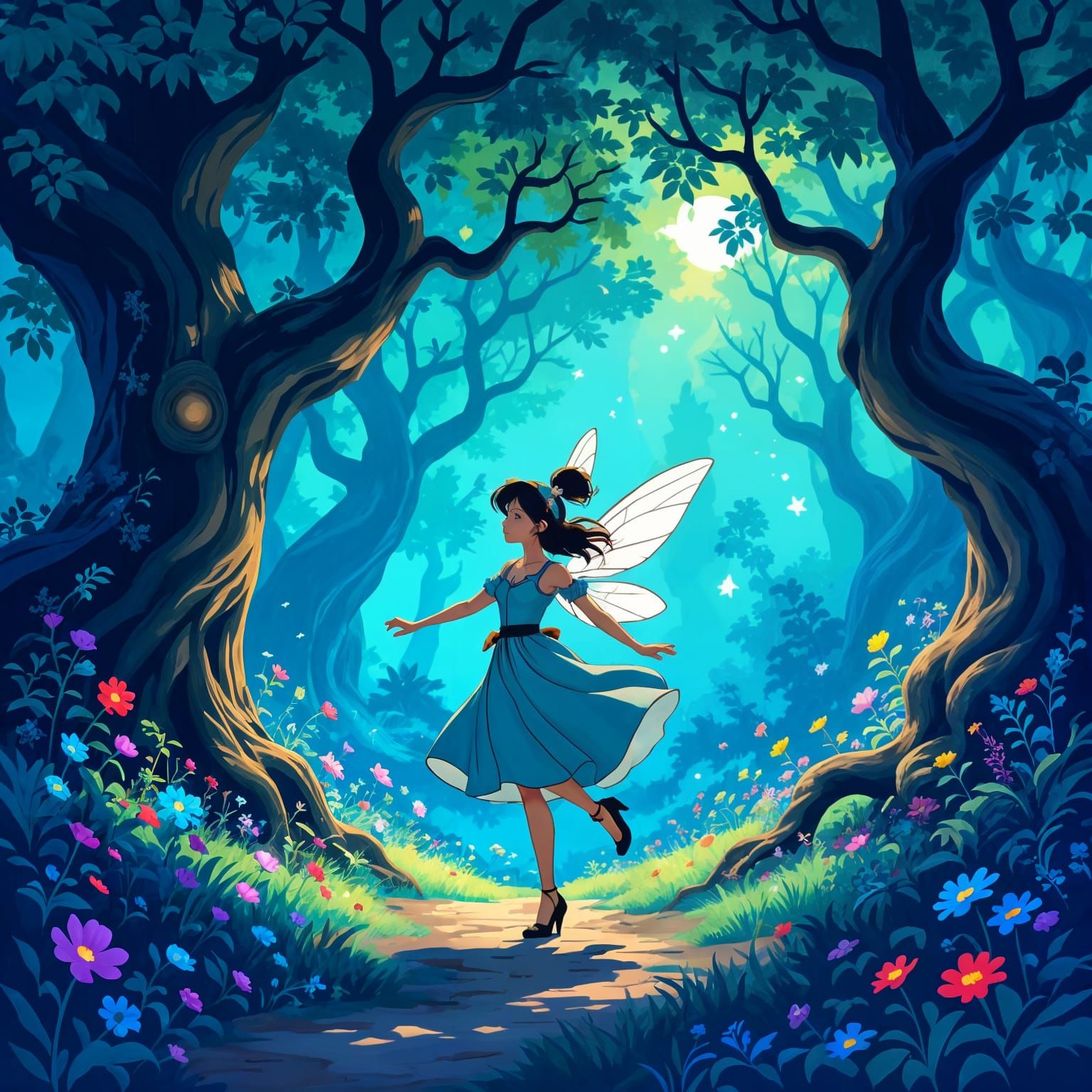 Pixie Dance in Bioluminescent Forest, Fairytale Illustration