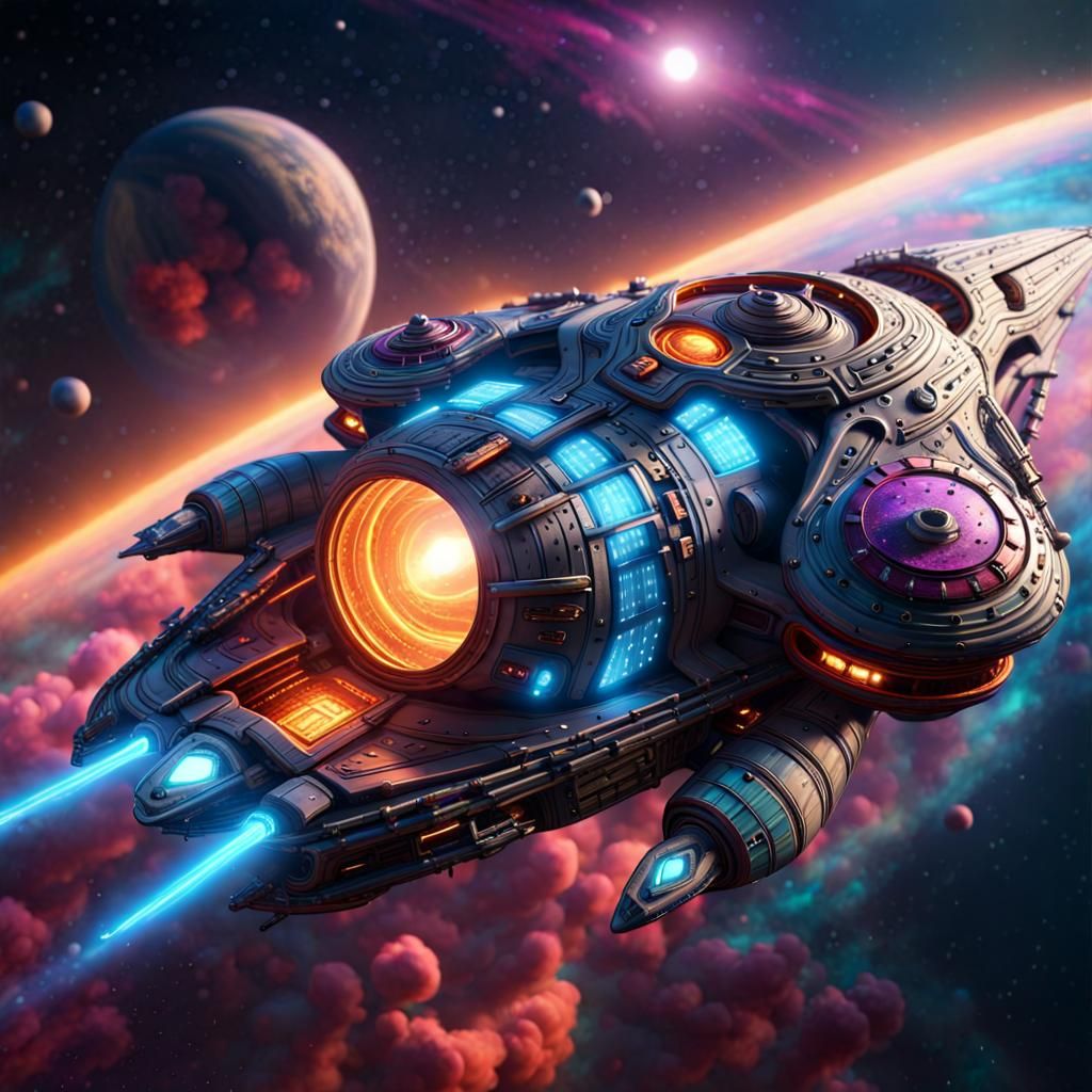 Alien Spaceship in Vivid Cosmos, Detailed Digital Painting
