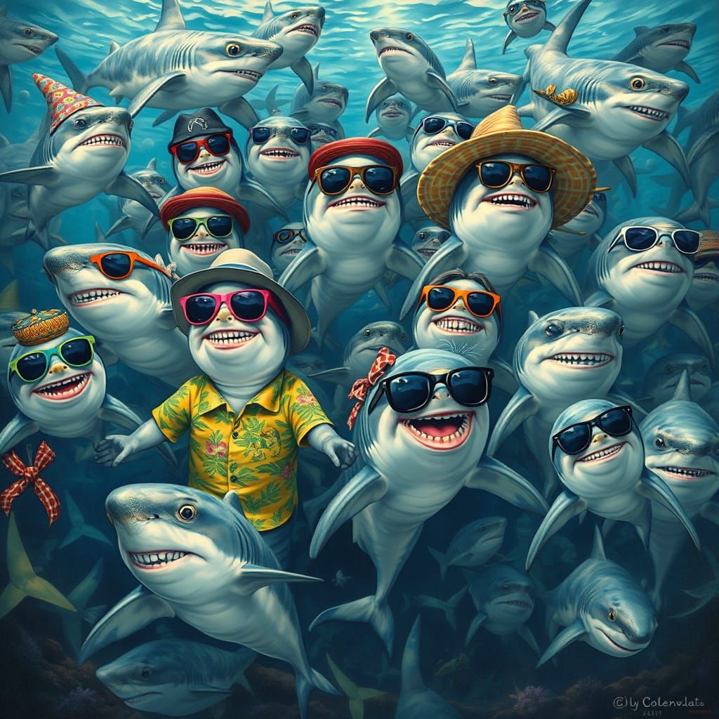 Vibrant Sharks in Whimsical Underwater Scene
