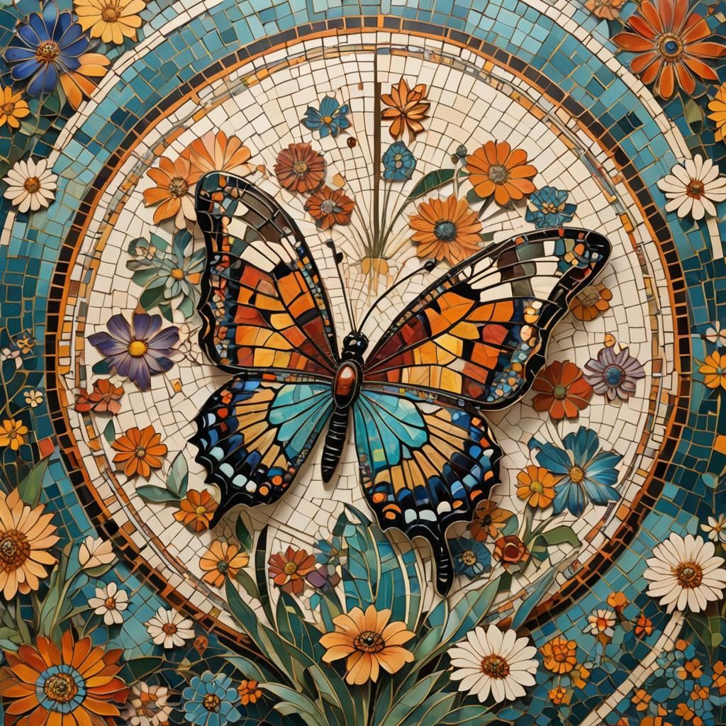 Indian Mosaic Butterfly Conceptual Art in Ukiyo-e Style