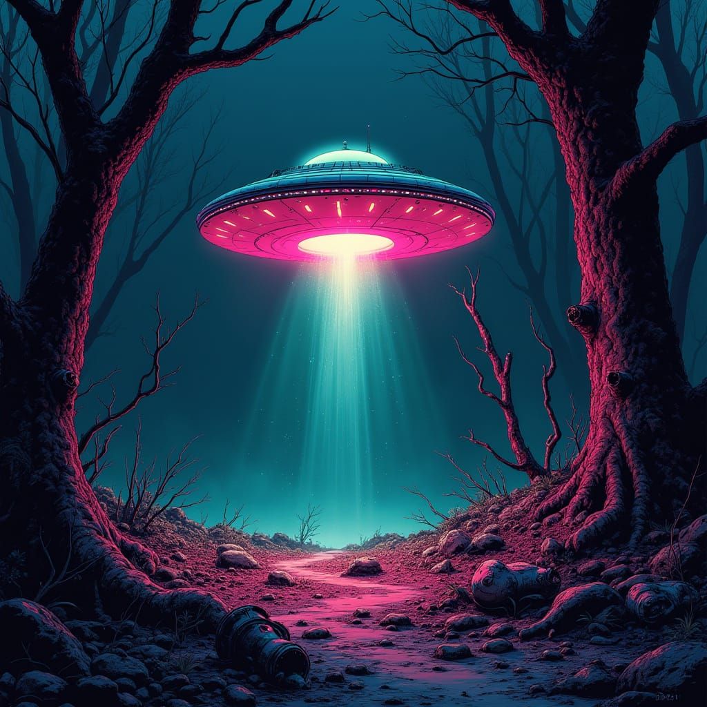 Neon UFO Crash Scene in Comic Book Style