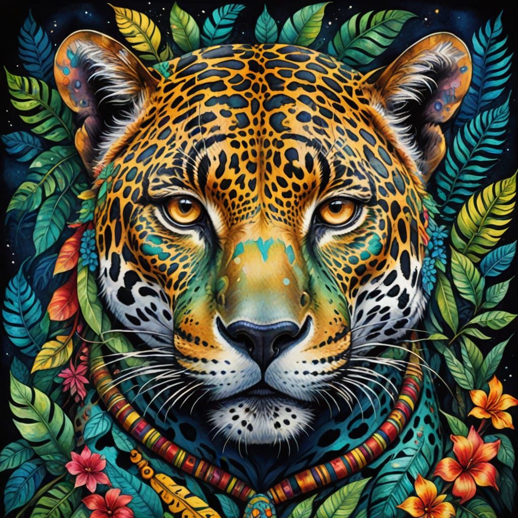 Vibrant Jaguar Deity in Ayahuasca Watercolors