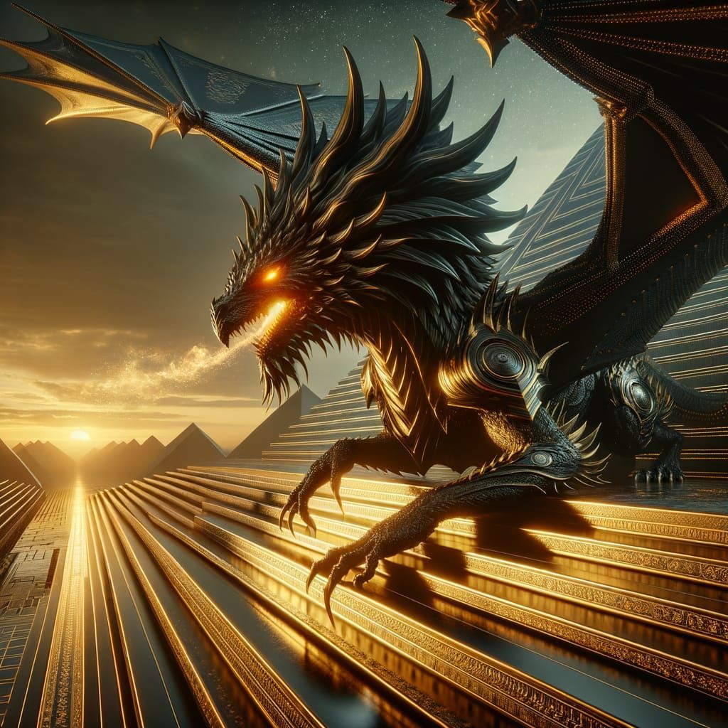 Dark Fantasy Dragon Perched on Pyramid in Golden Armor