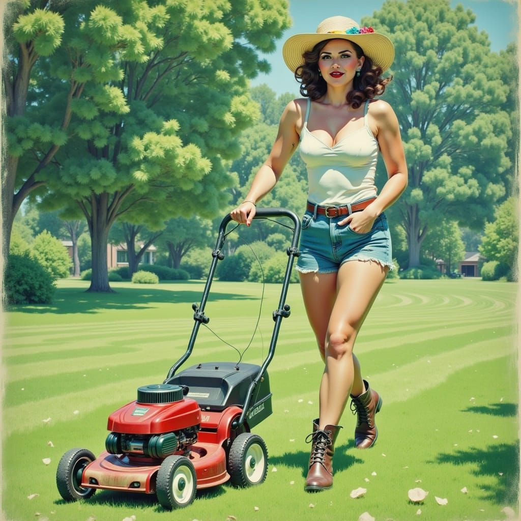 Confident Woman Mows Lawn with Vintage Charm