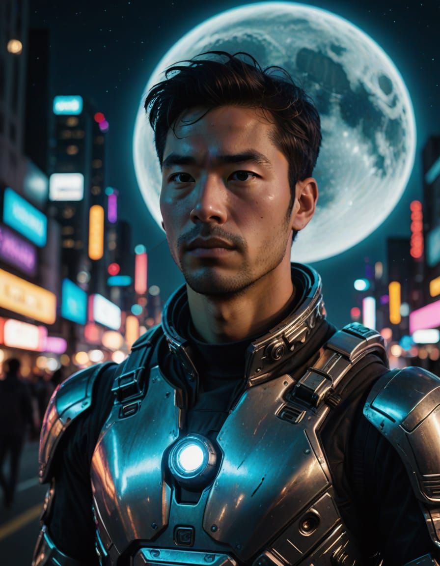 Heroic Futuristic Adventurer Stands Tall in Neon-Lit Citysca...