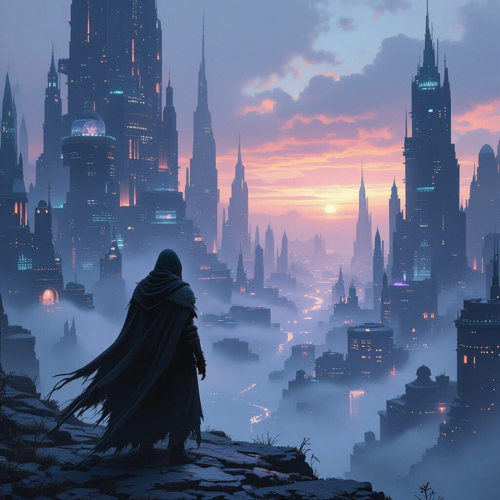 Lone Warrior in Dreamlike Twilight Cityscape