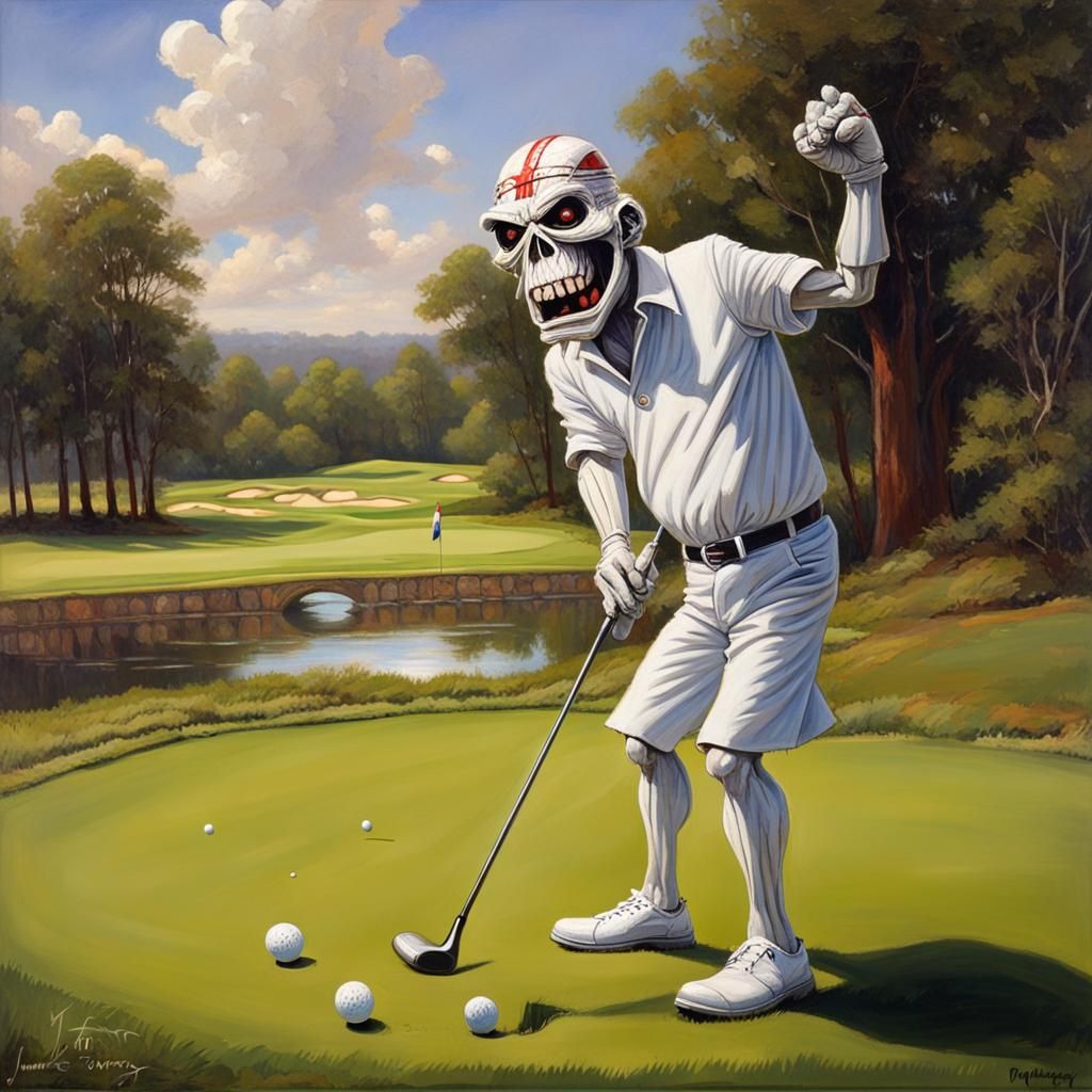 Eddie from Iron Maiden Plays Golf: Oil Painting
