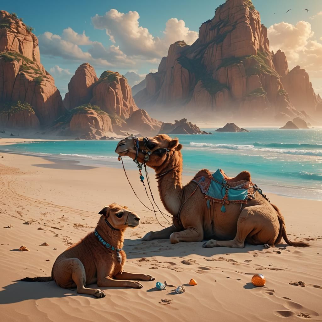 Camel and Puppy on a Sparkling Beach