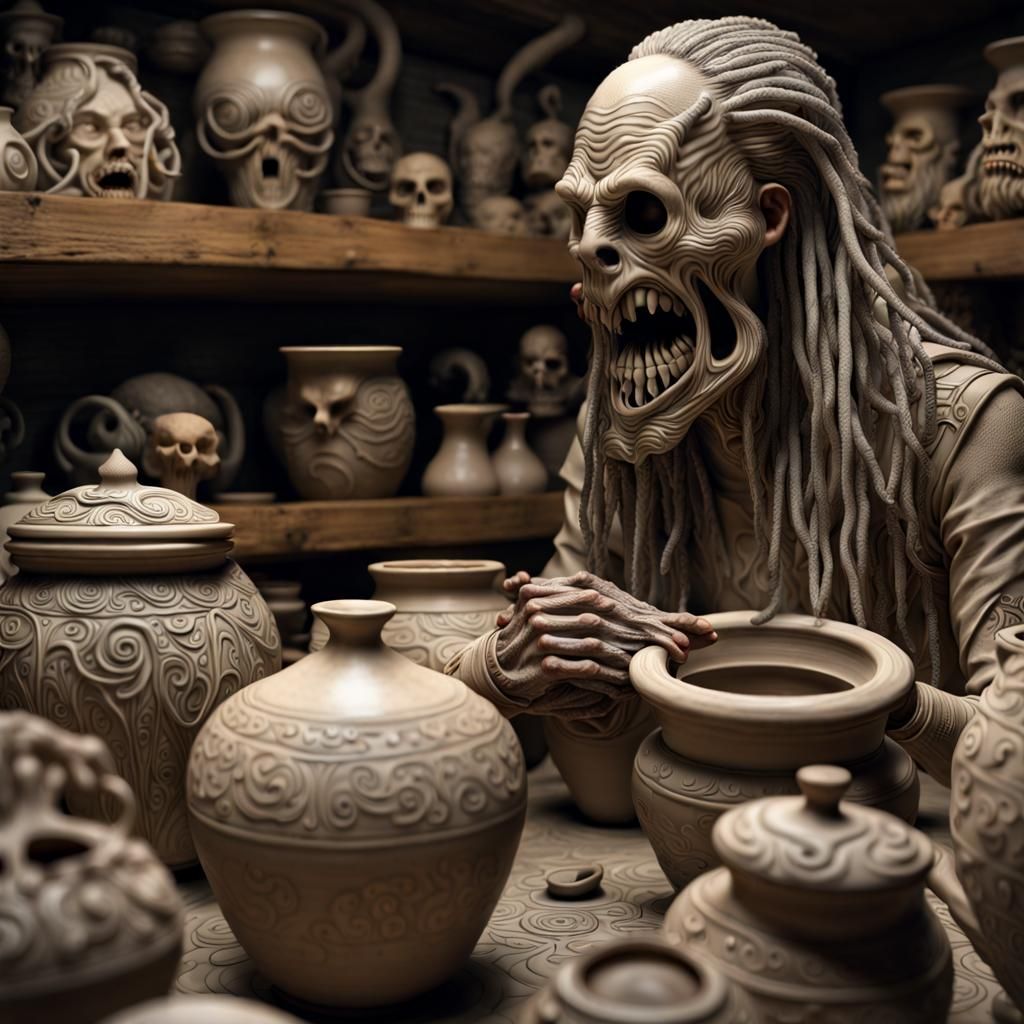 Hyperrealistic Demonic Pottery Shop in Horror Style