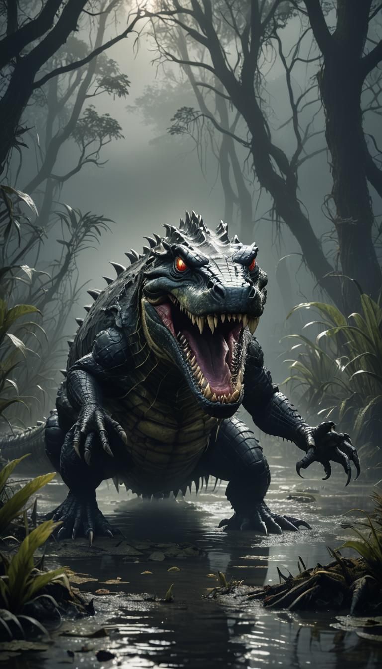 Venom Crocodile in Dark Swamp: Anime-Inspired 3D Rendering