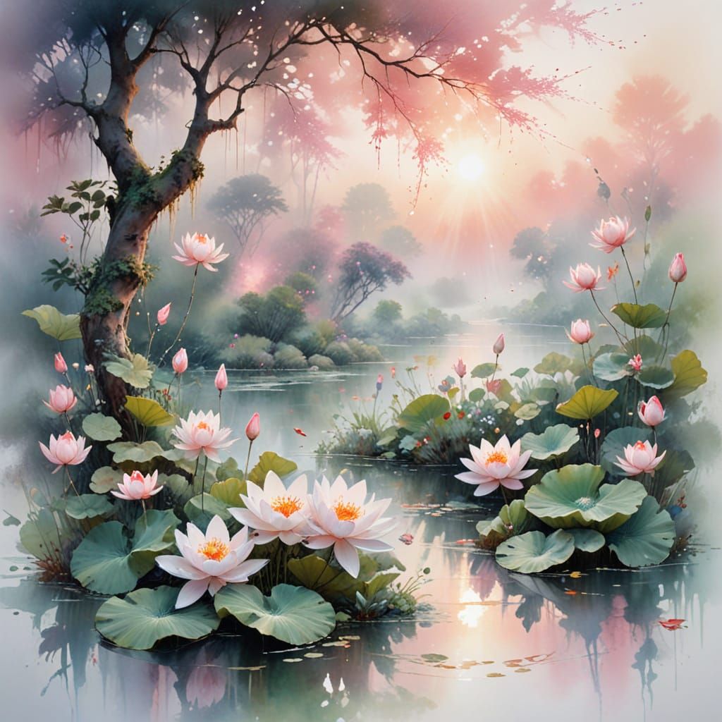 Koi and Lotus Pond in Watercolor Style