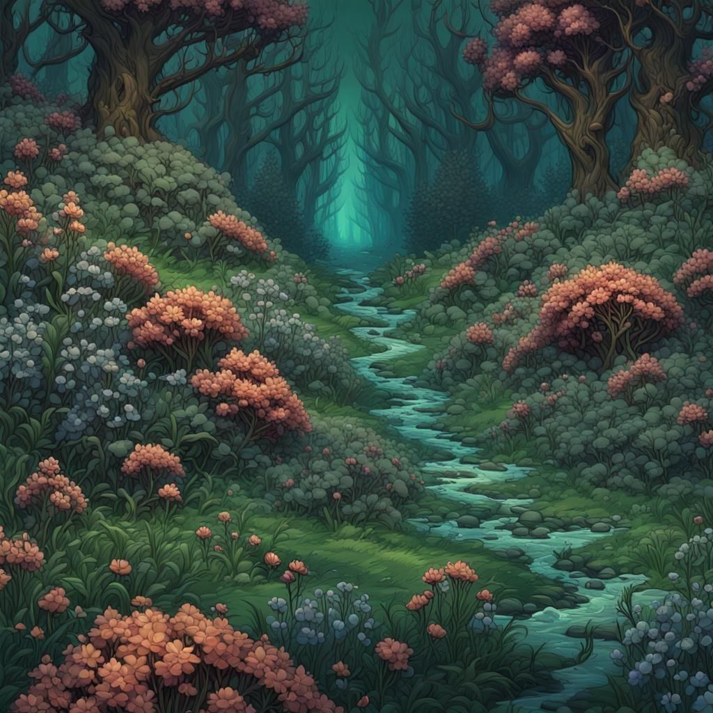 Vibrant Pop Art of Winter Flowers in Green Forest