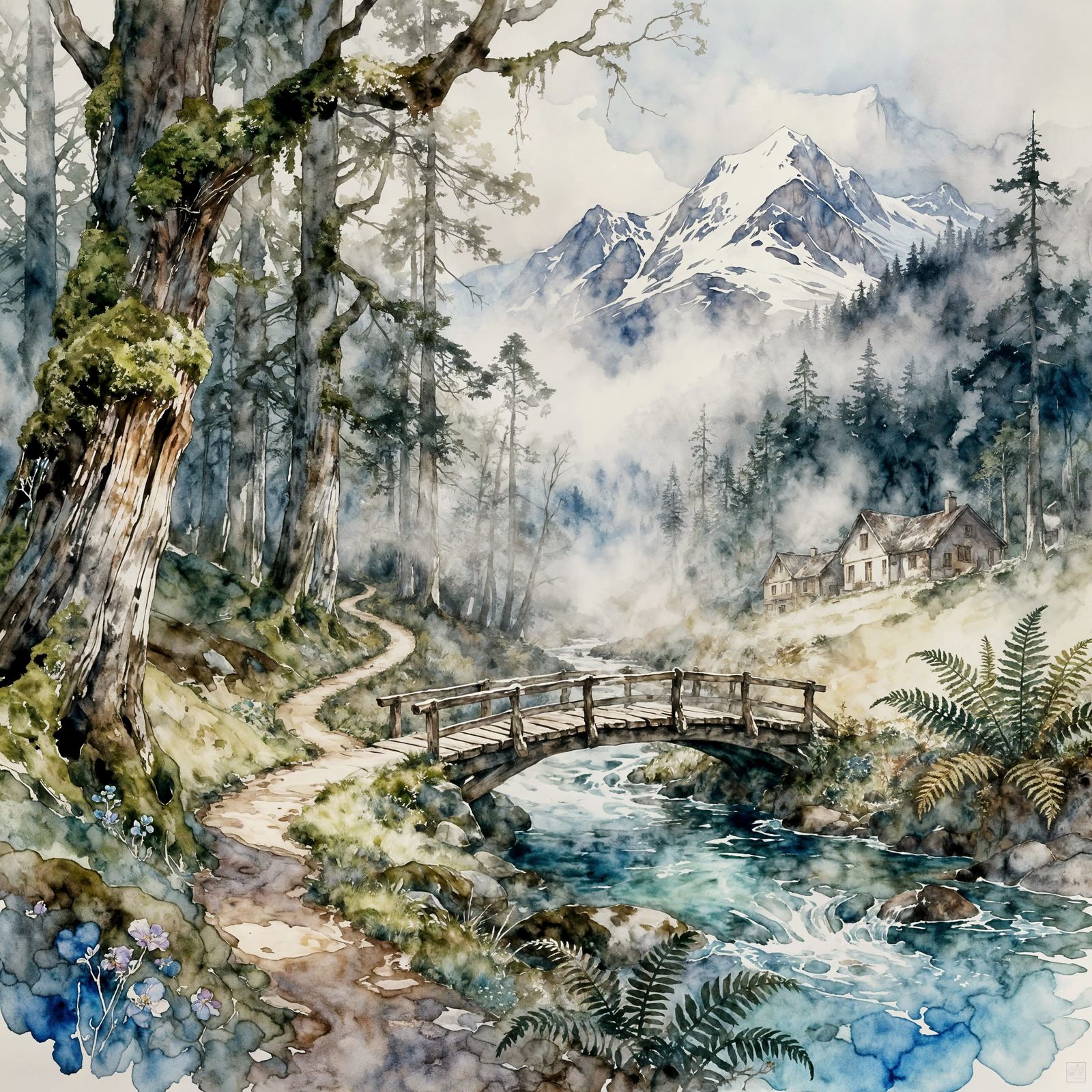 Misty Northern Forest Watercolor with Rustic Bridge
