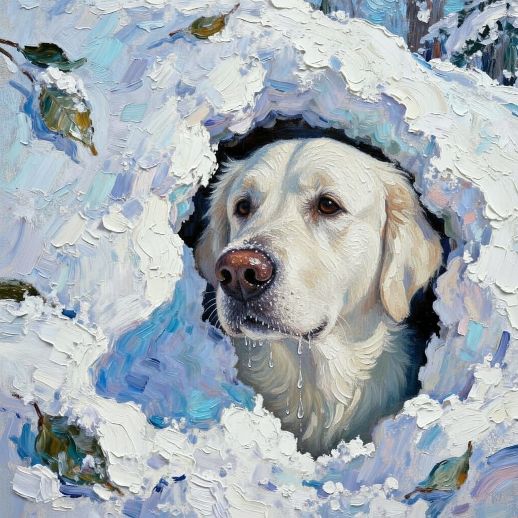 English Retriever Nose Poking Through Snow Bank in Impasto S...