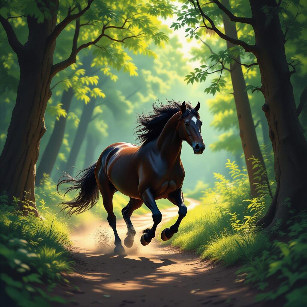 Powerful Horse Gallops Through Sun-Dappled Forest Path
