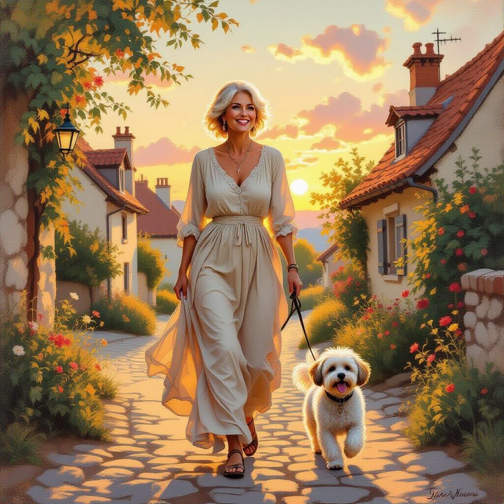 Woman and Dog Stroll at Sunset as Oil Painting