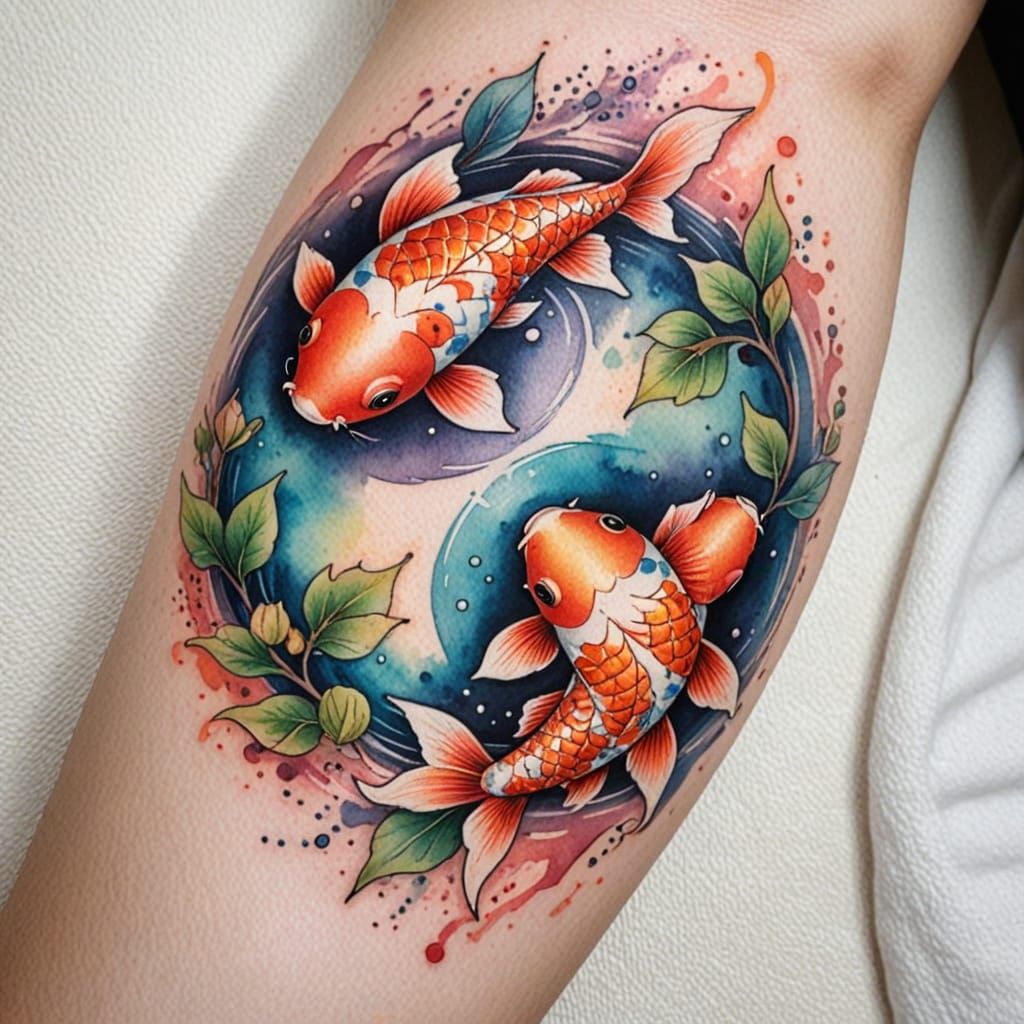 Yin Yang Koi Fish Tattoo in Watercolor Style