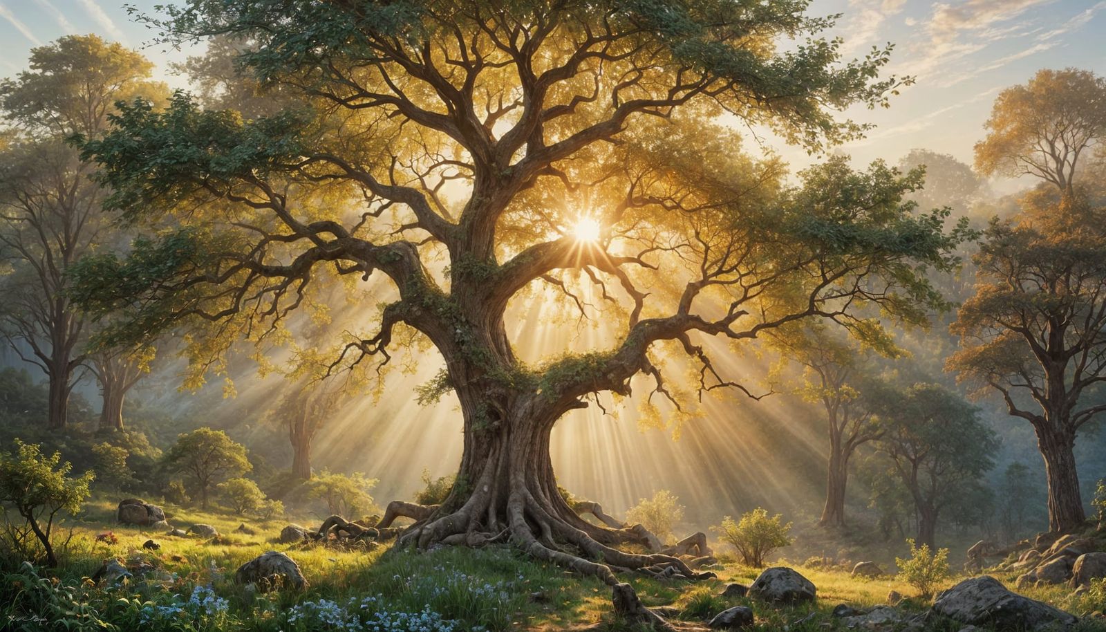 Ethereal Sunset Tree with Glowing Halo, Turner-esque Paintin...