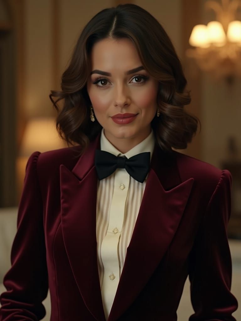Elegant Woman in Burgundy Velvet Tuxedo: Cinematic Portrait