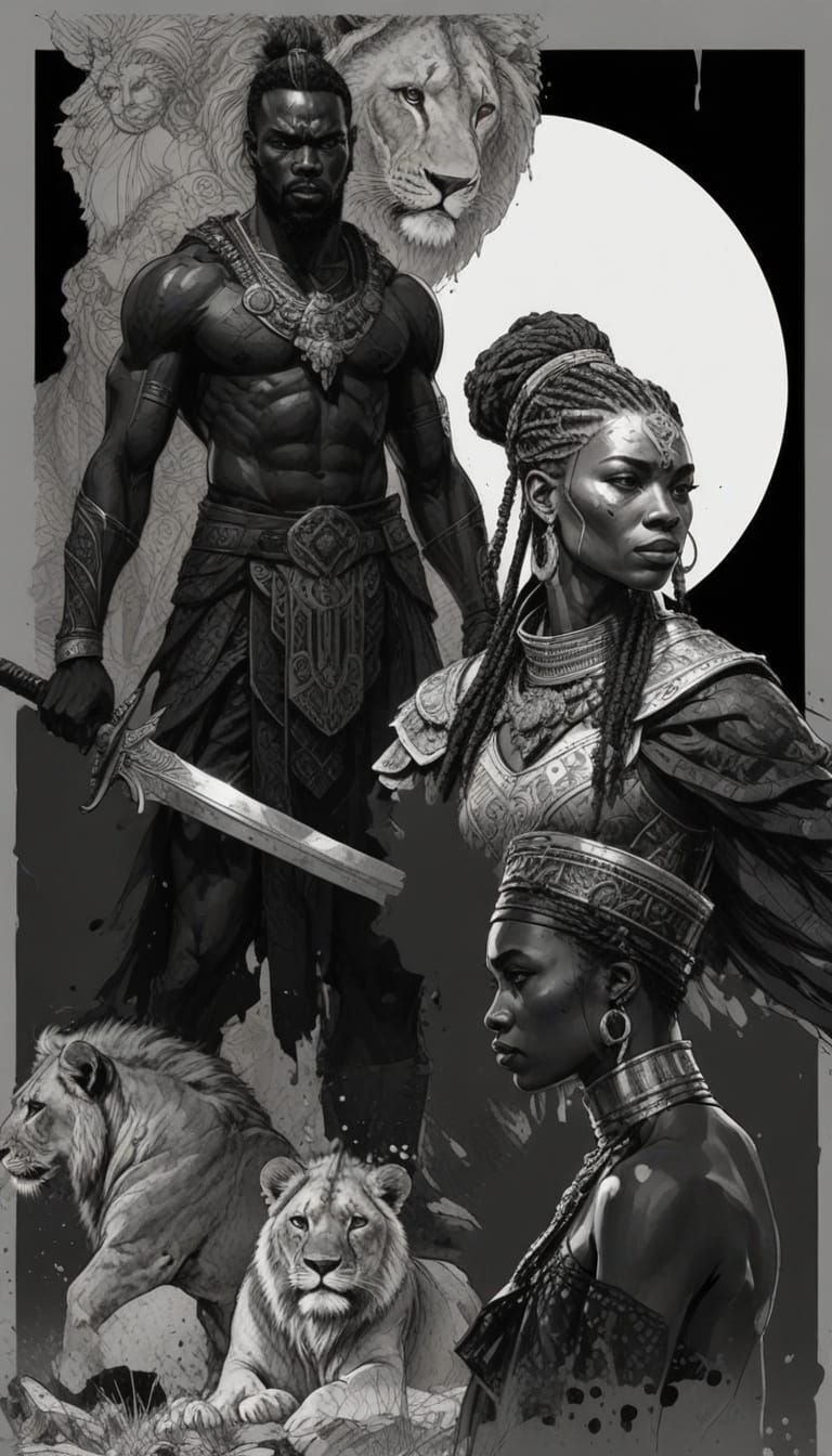 African Warrior in Regal Splendor, Flanked by Majestic Lions