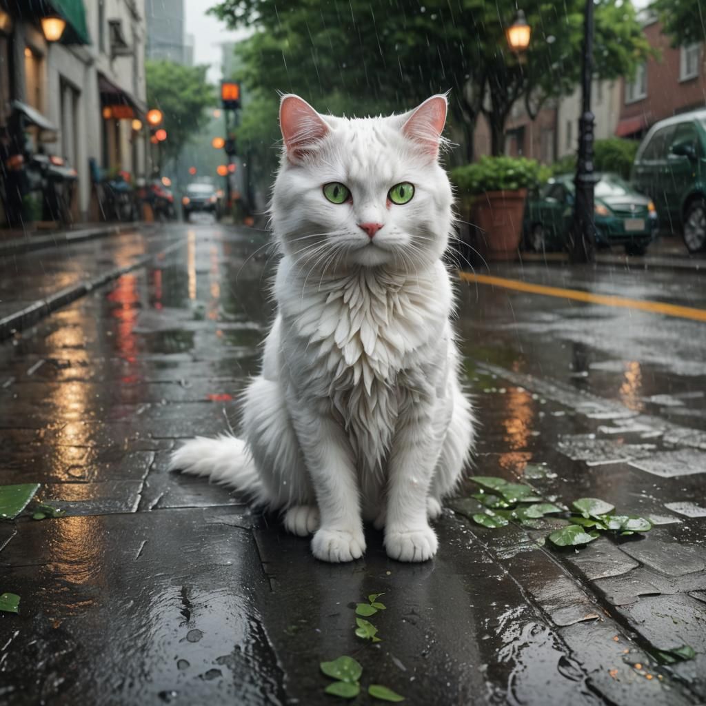 Fluffy White Cat in Rain: Detailed Digital Painting