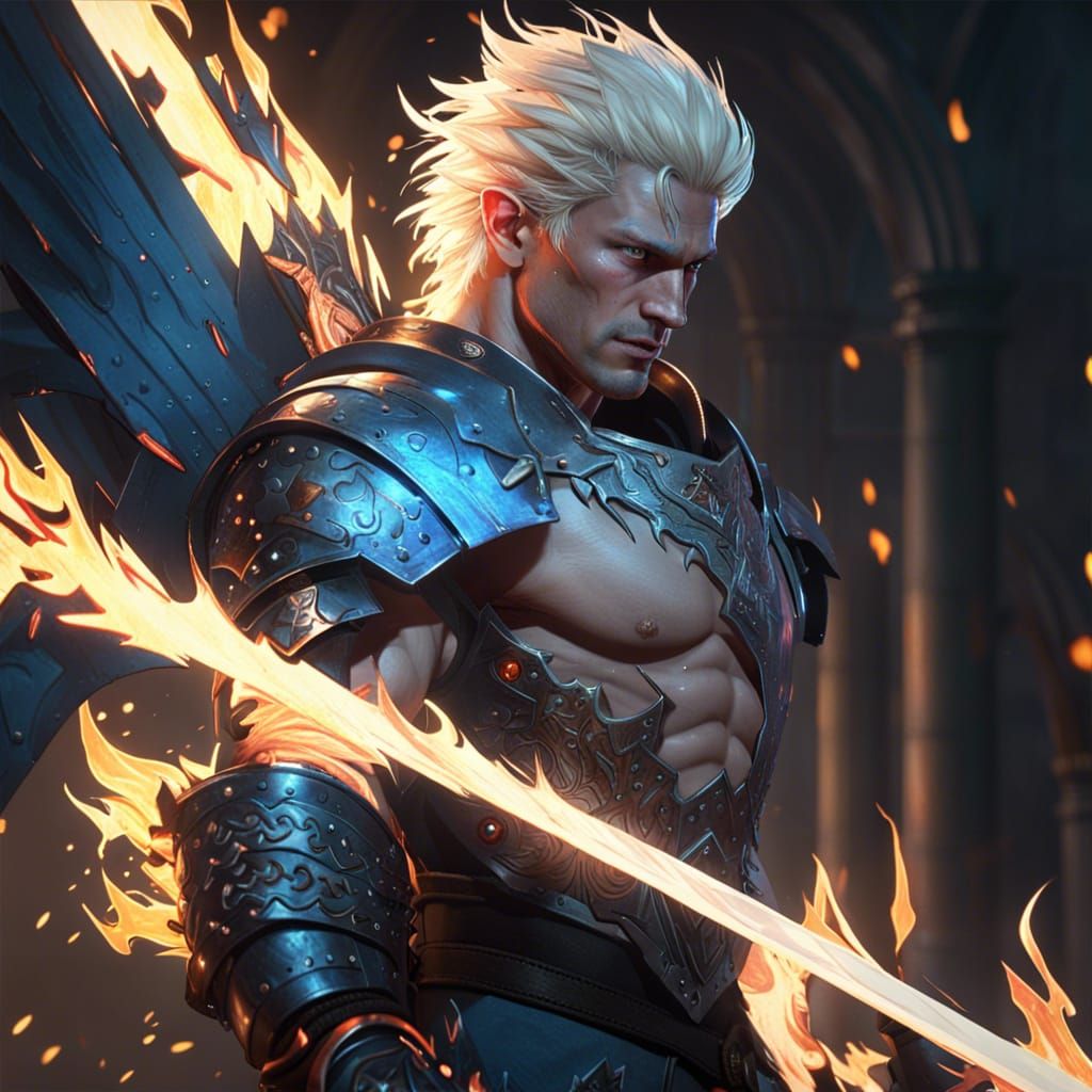 Hyperdetailed Paladin with Flaming Greatsword