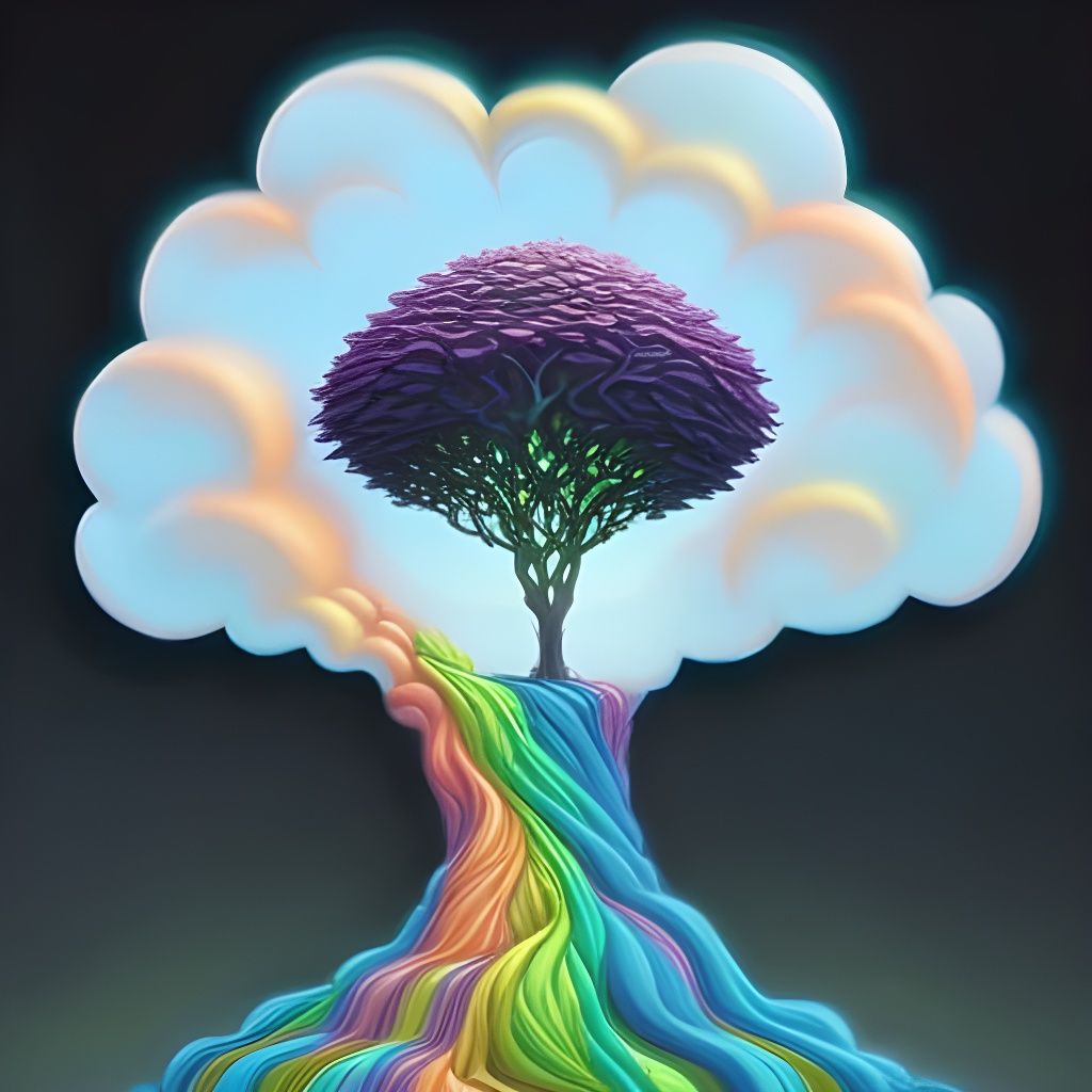 Rainbow Tree with Cloud Foliage: Detailed Fantasy Art
