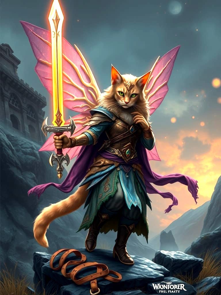 Regal Feline Fairy Warrior in Enchanted Realm