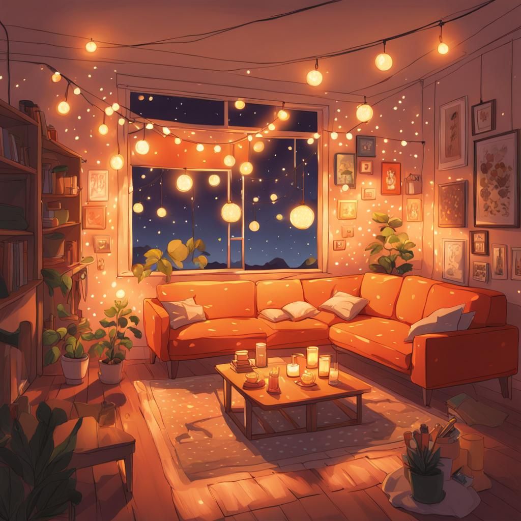 Cozy Anime-Style Orange Living Room at Night