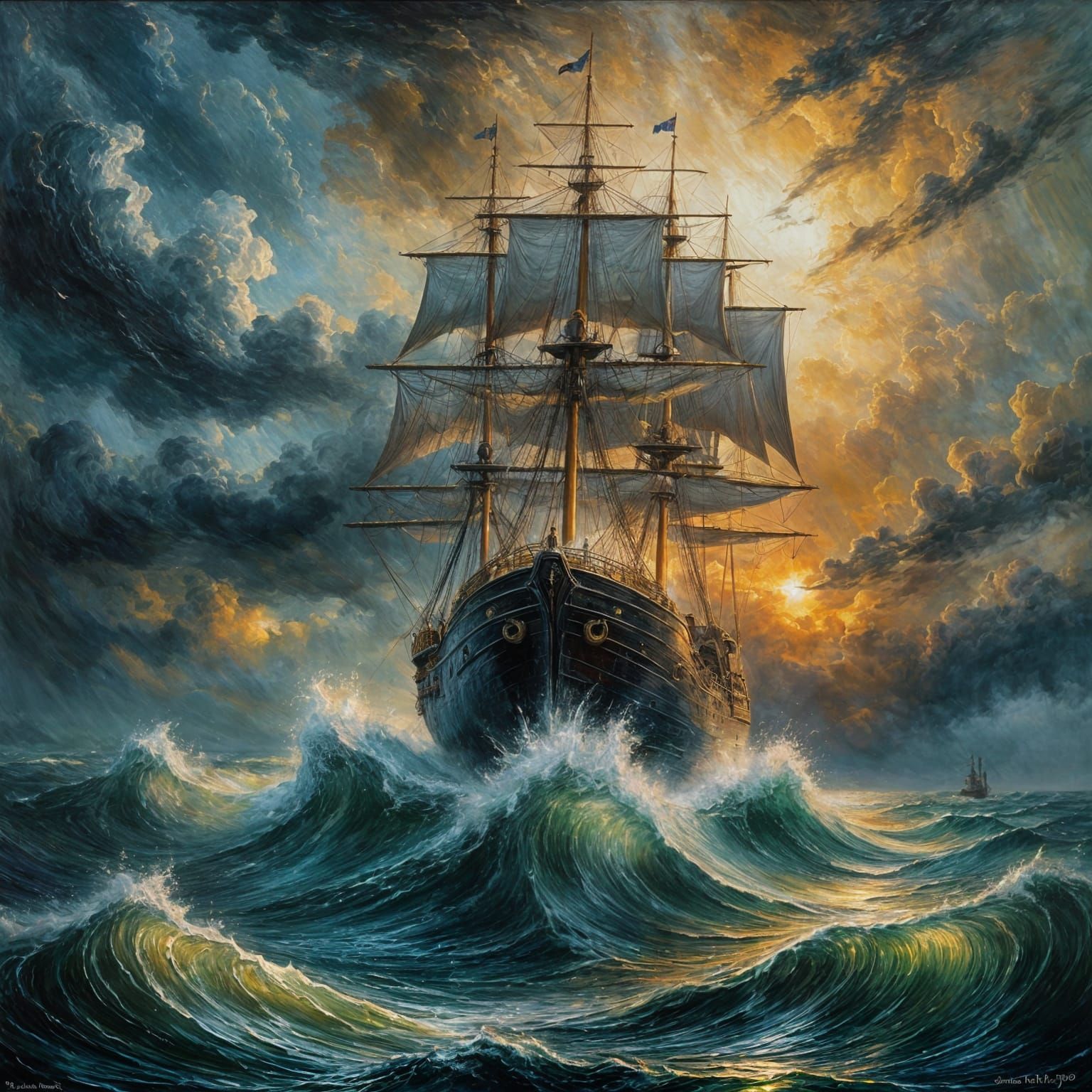 Stormy Seas: Impressionistic Oil Painting of Ship