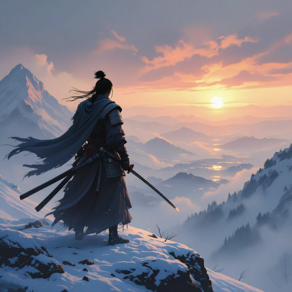 Lone Samurai on Snowy Peak in Ink Wash Style