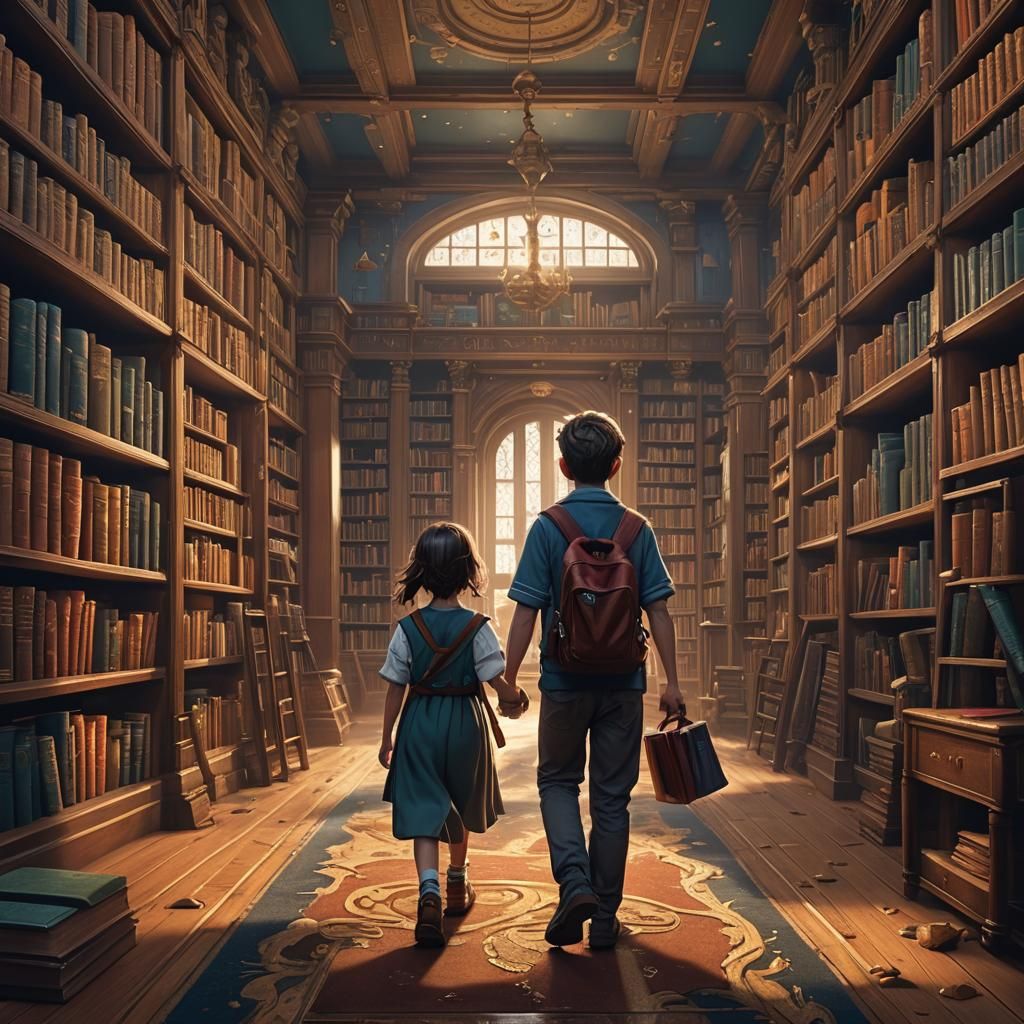 Children Discover Hidden Door in Library: Matte Painting