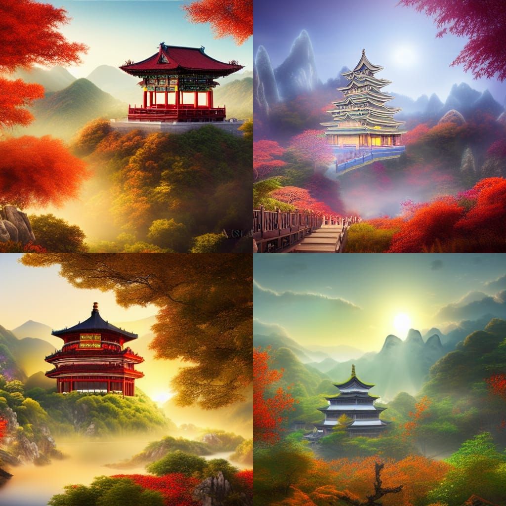 Glowing Chinese Temple in Valley: Cinematic Concept Art