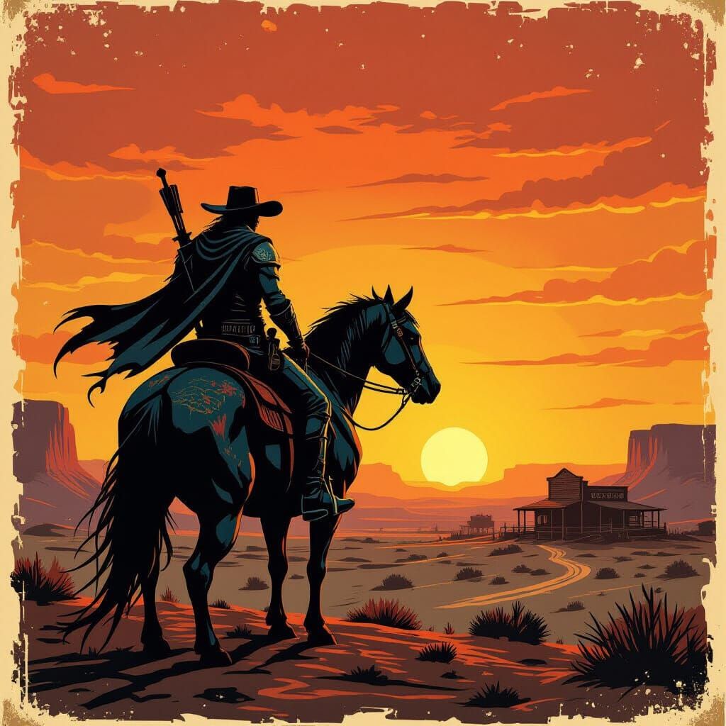 Dragon Rider Silhouetted Against Western Sunset