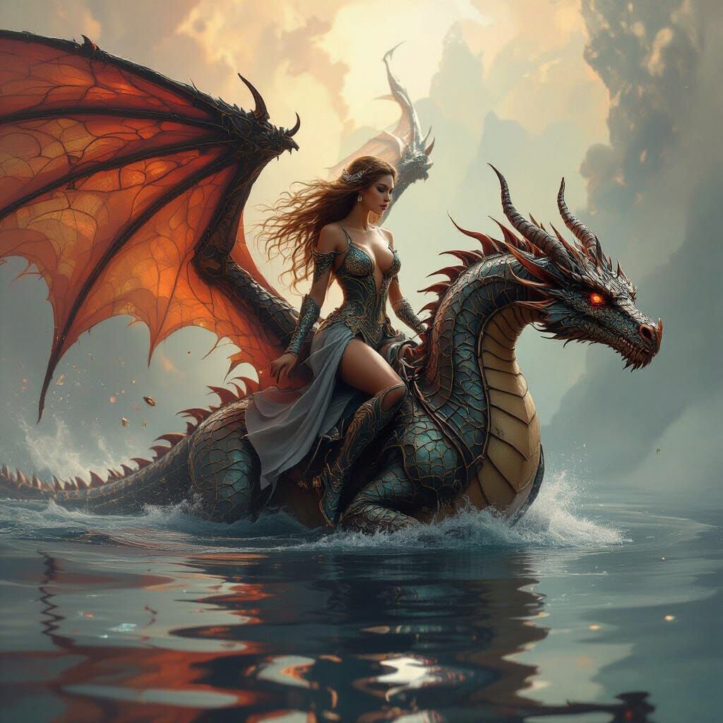 Woman Riding Dragon-Woman Hybrid in Surreal Void