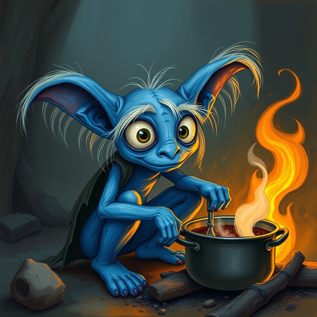 Mystical Blue Creature by the Fire