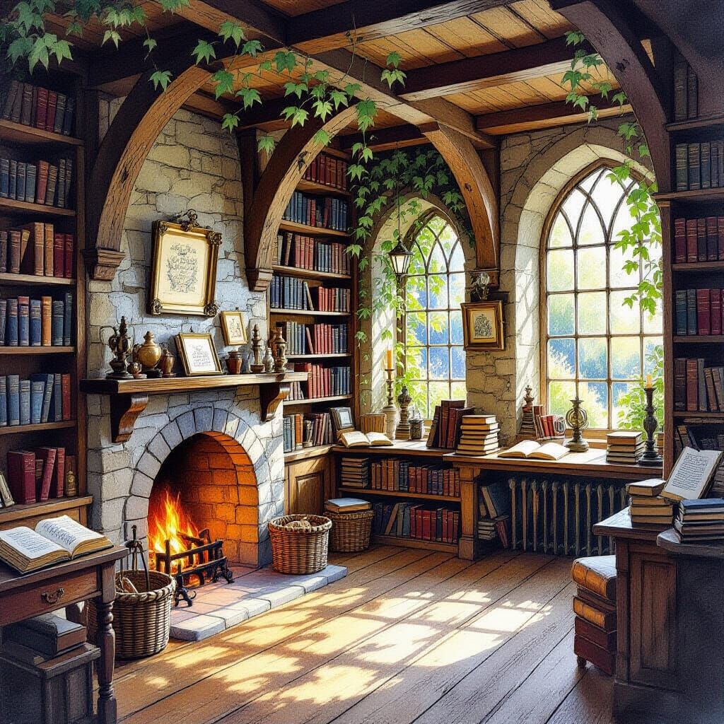 Charming Bookshop Inside Ancient Oak in Watercolor Style