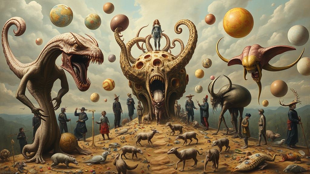 Surreal Visionary Fantasy Painting of Cryptid Taxidermists