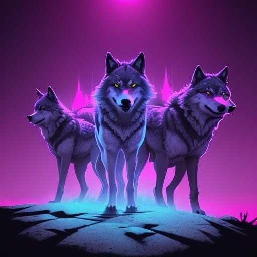 Wolves in Synthwave Neon Retro Style