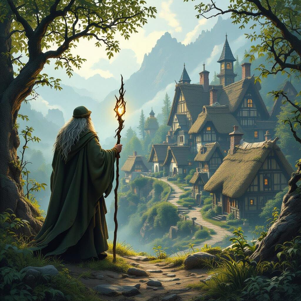 Celtic Village and Druid in Digital Matte Painting Style