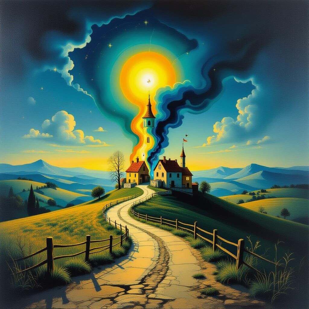 Surreal Village Scene with Melting Tower in Dali Style