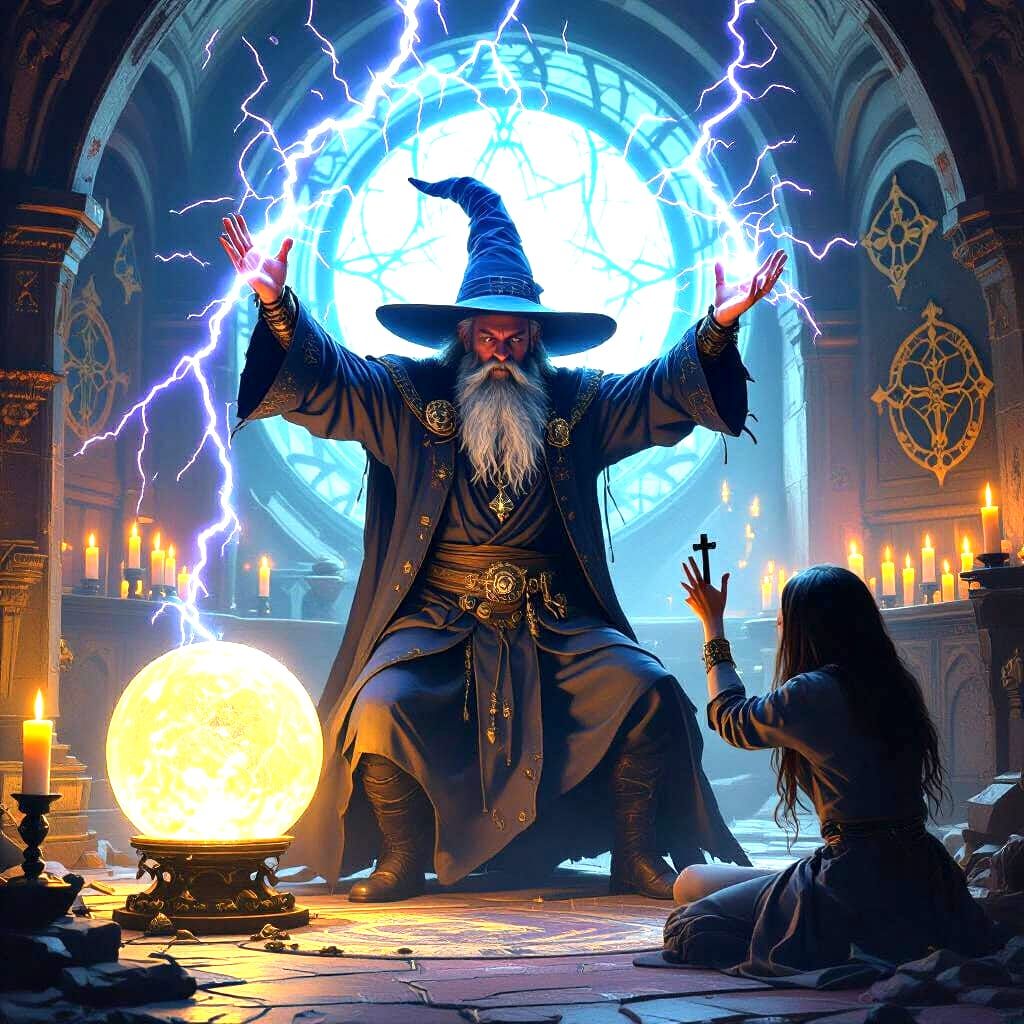 Dark Fantasy Sorcerer Conjures Lightning, Masterpiece Art
