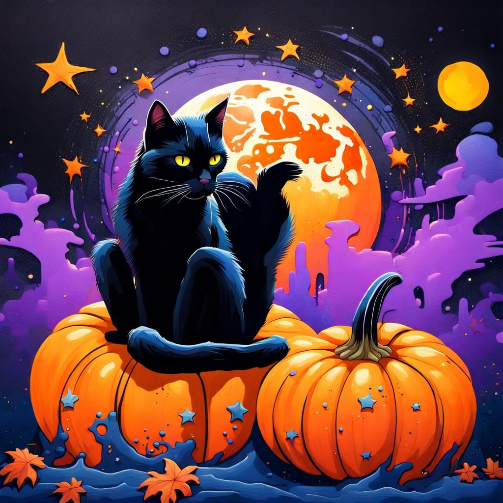 Starry Black Cat and Pumpkin in Graffiti Art