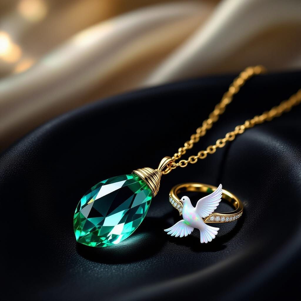 Elegant Gold Chain with Emerald Prism and Opal Dove Ring