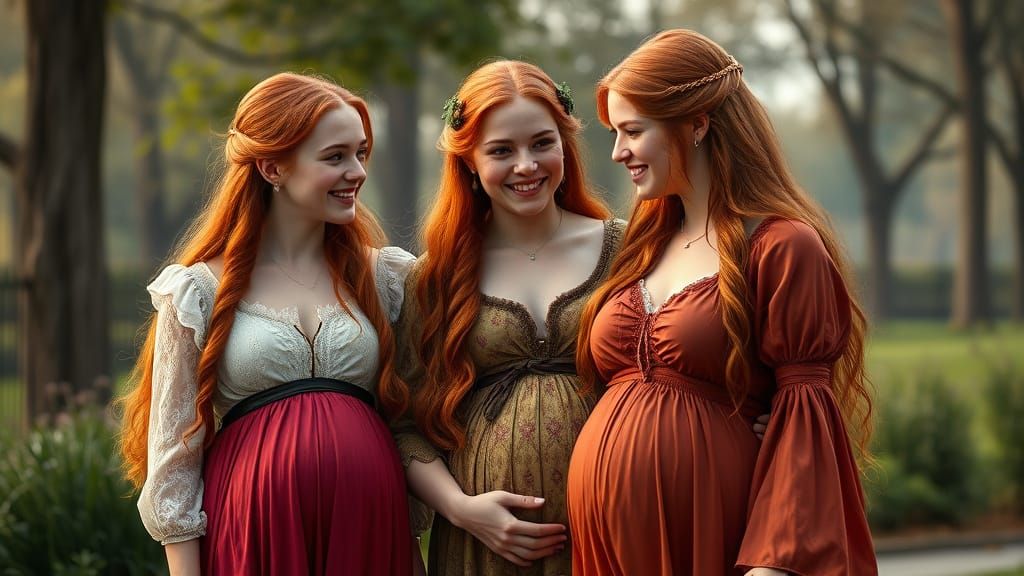 Three Teenage Sisters Stroll in a Fantastical 1800s Park