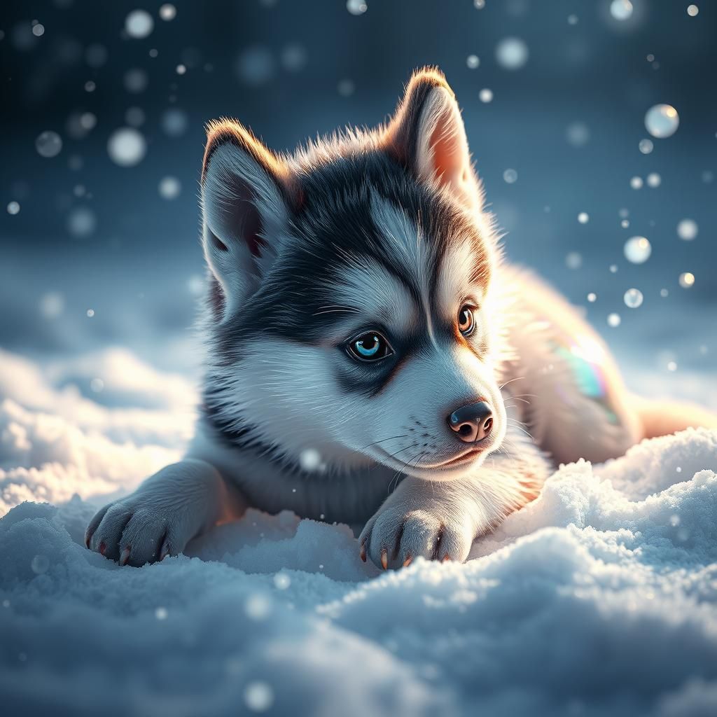 Glass Husky Puppy in Winter Wonderland