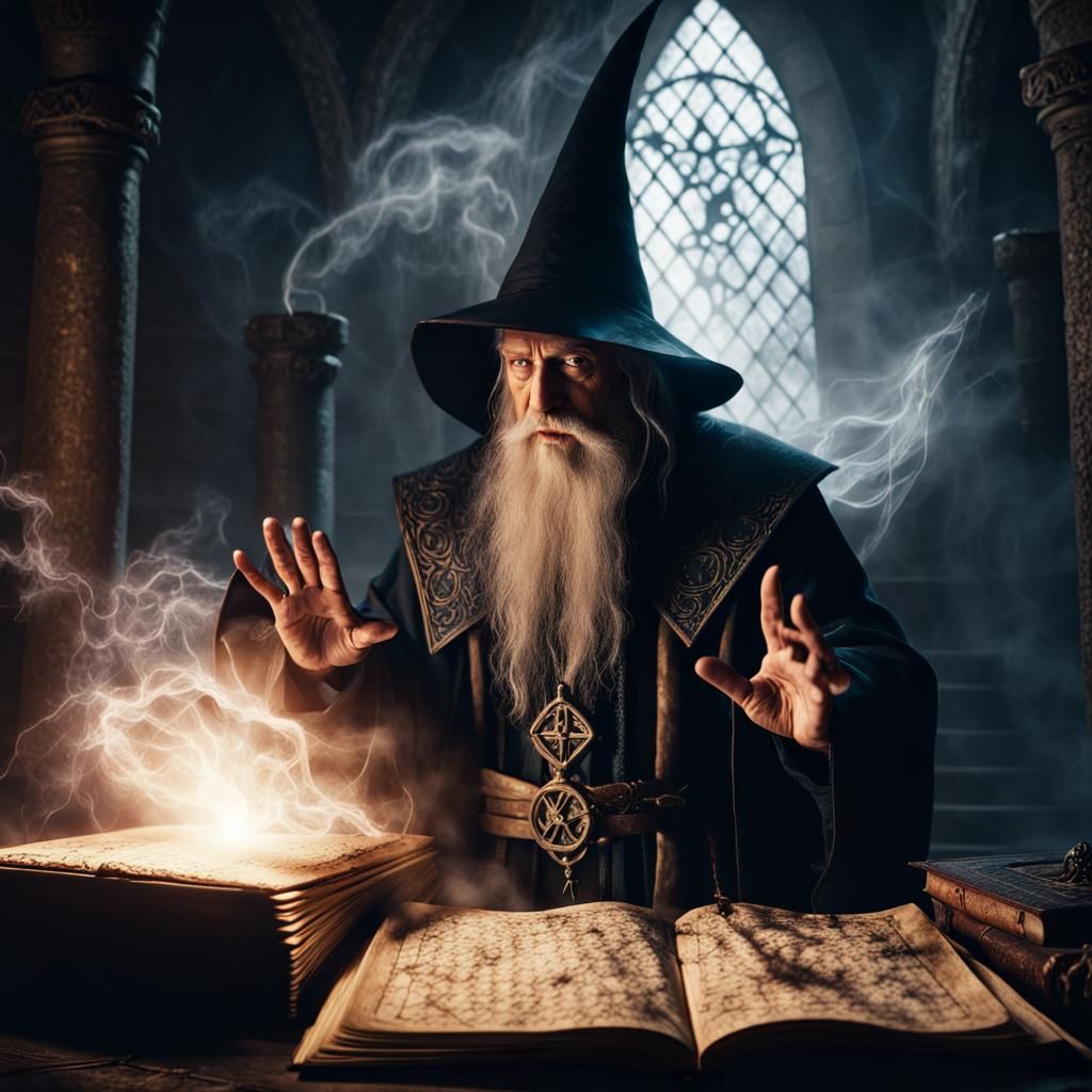Wizard Recites Spell in Dimly Lit Chamber