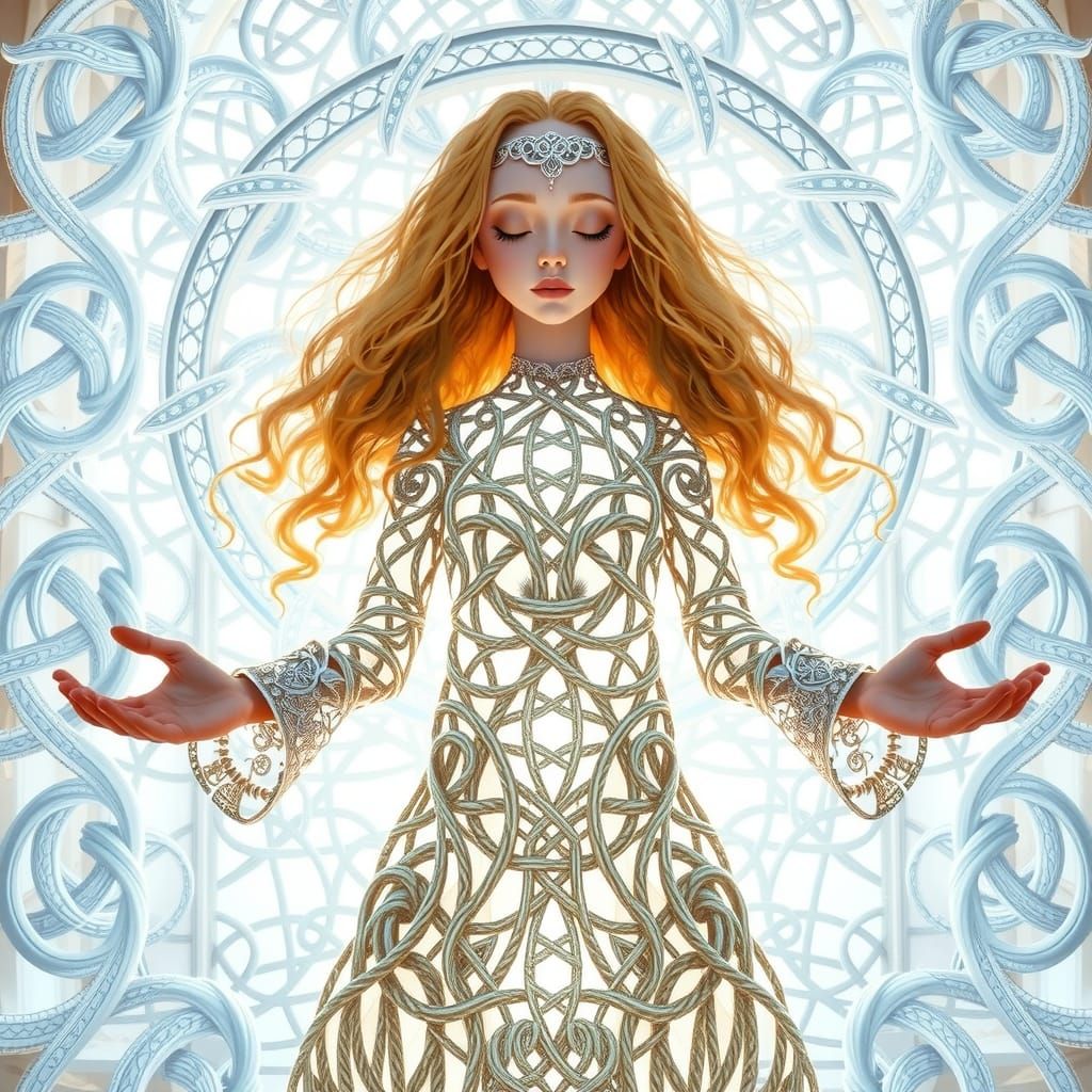 Majestic Knotted Girl Before Luminous Matrix