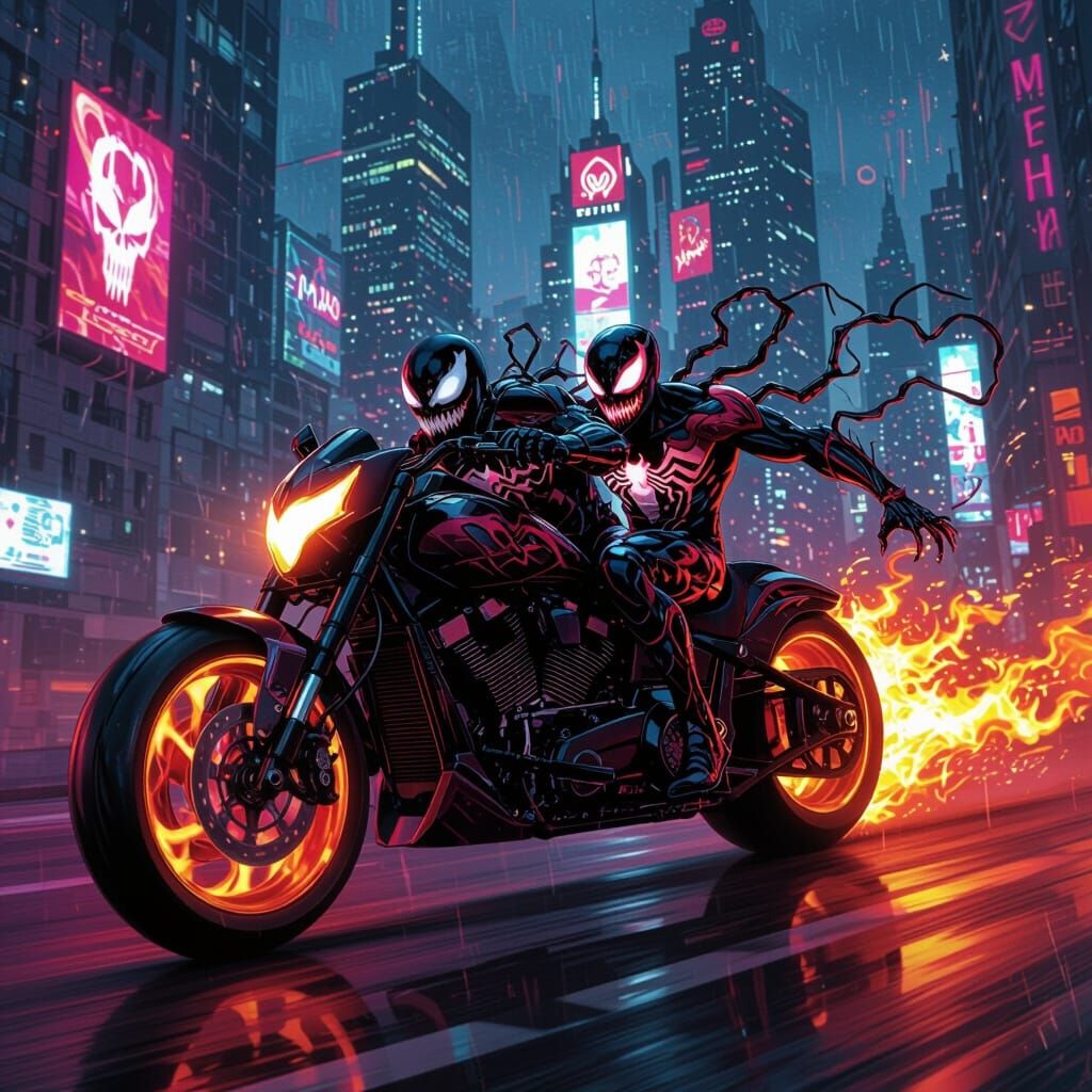 Carnage Venom Ghost Rider in Neon Future City