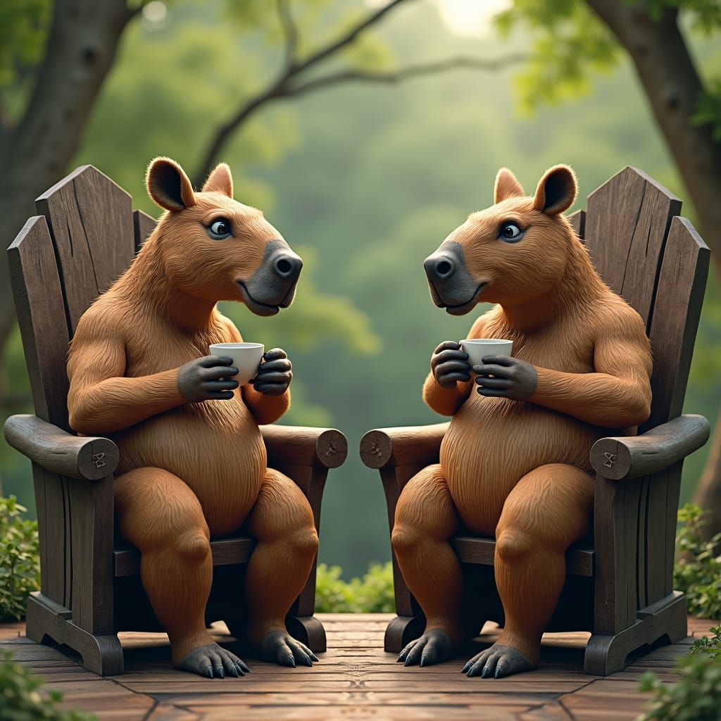 Capybaras on Sword Thrones Enjoying Coffee